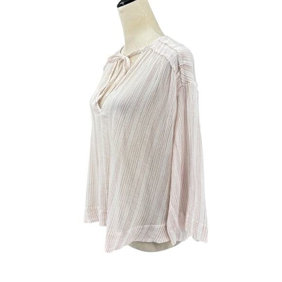Vince Variegated Stripe Crinkle Breathable Cotton Tassel V-neck Wide Sleeve Top - Picture 3 of 13